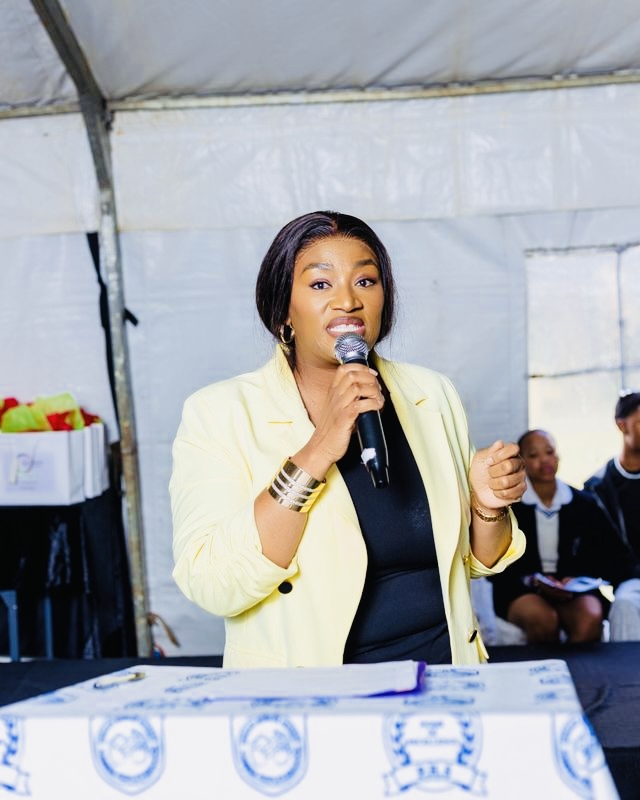 EGH Director Dee Mtshali speaking to learners at the Phambili High School Career Expo